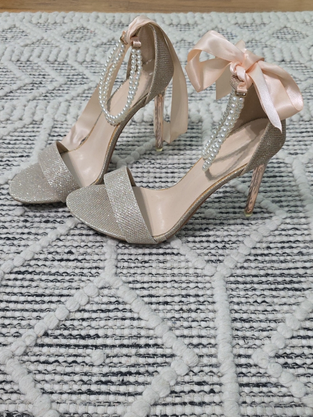 Pearl-Embellished Satin Ankle-Tie Heels in Blush